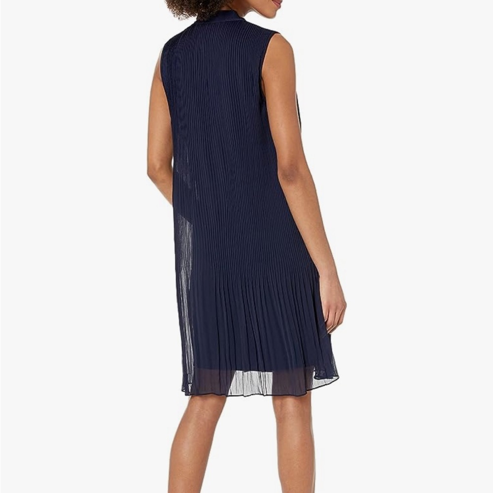 DKNY navy blue midi dress with neck tie.